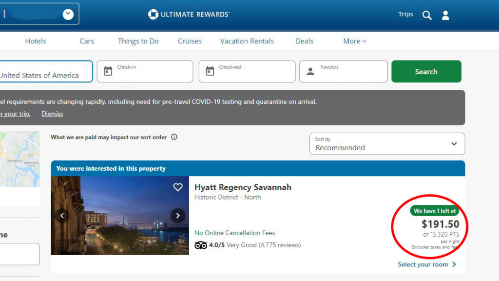 Screenshot of the Chase Rewards Portal Hyatt Regency Savannah.