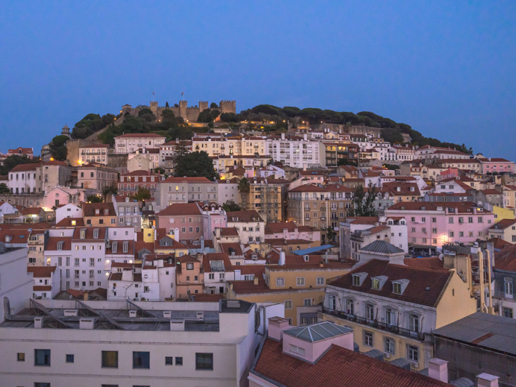 The view of Lisbon with th São Jorge Castle the top of the hill during blue hour.