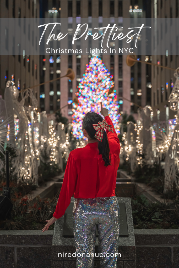 Pinterest pin of Rockefeller Center as one of the prettiest Christmas lights in NYC.