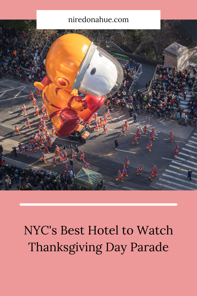 Pinterest pin of the Snoopy float describing the best hotel to watch the thanksgiving day parade from.