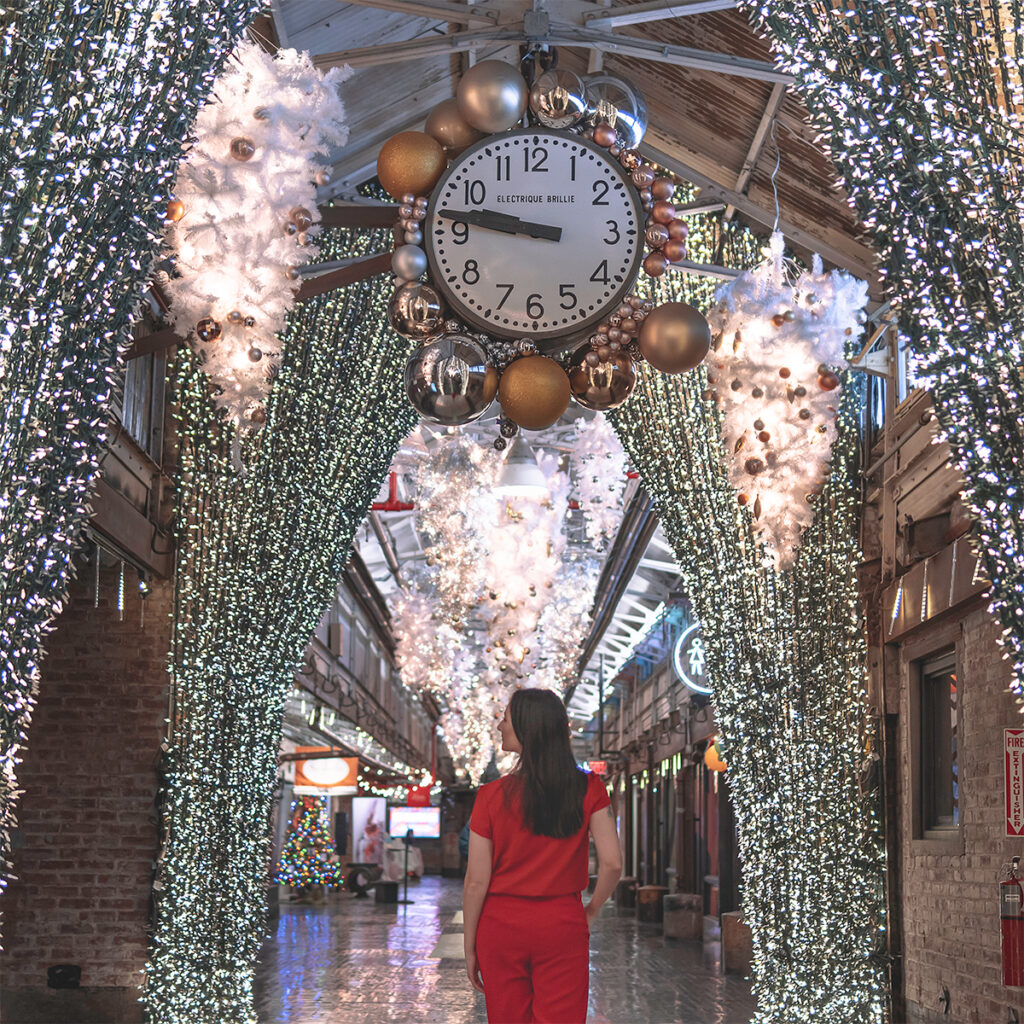 The big clock in Chelsea Market has one of the coolest Christmas lights in NYC.