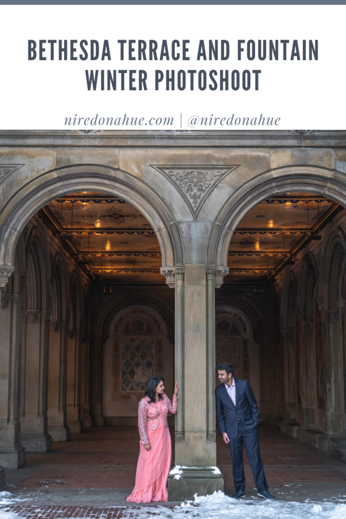 Pinterest pin of a winter photoshoot at the Bethesda Terrace and Fountain.