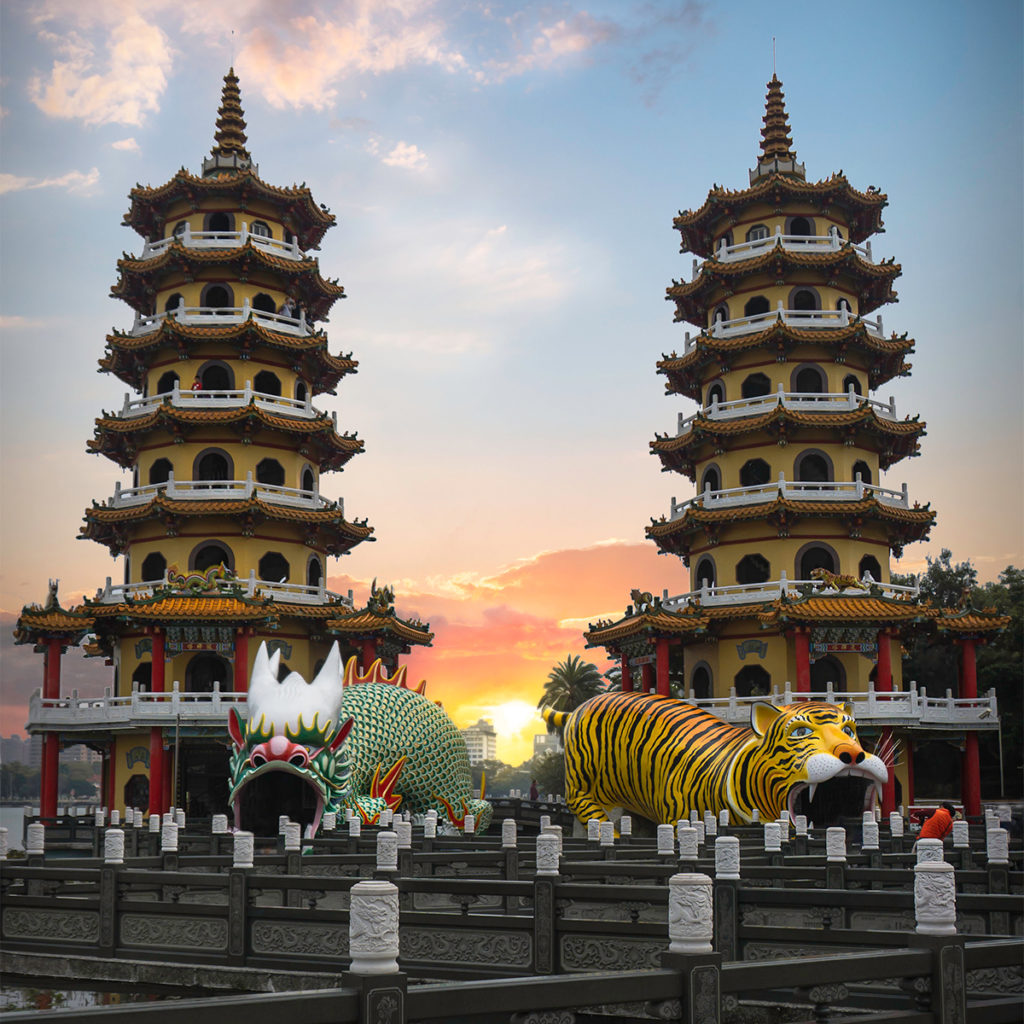 The beautiful Dragon and Tiger pagoda in Kaohsiung, Taiwan at sunset. 