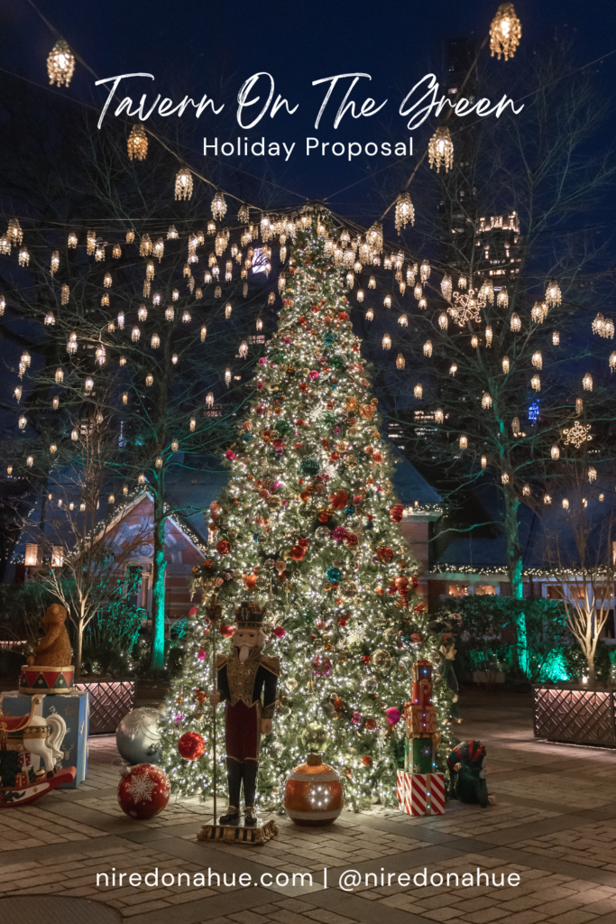 Pinterest pin of photographing a surprise proposal during the holidays at Tavern on the Green.