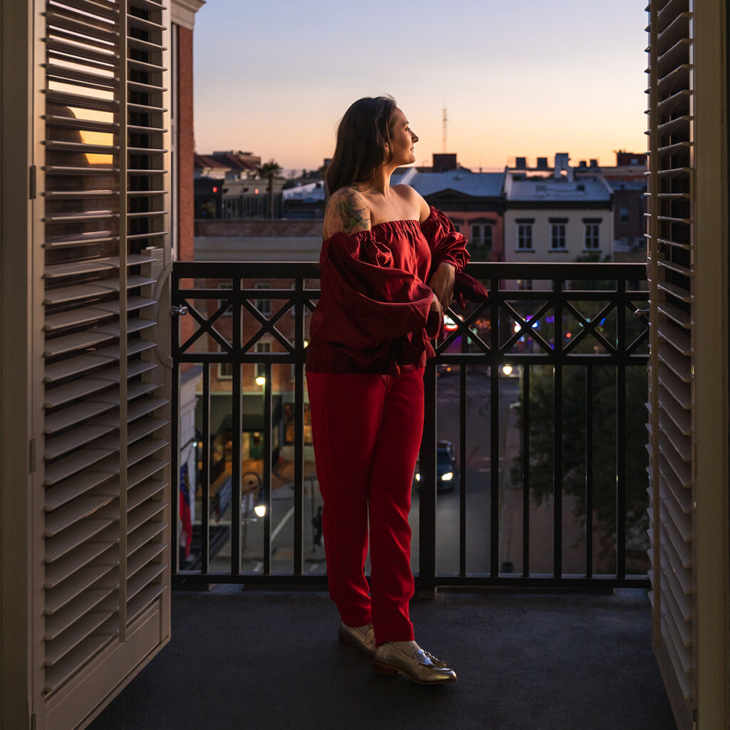 Sunset view of downtown Savannah from Andaz Savannah.