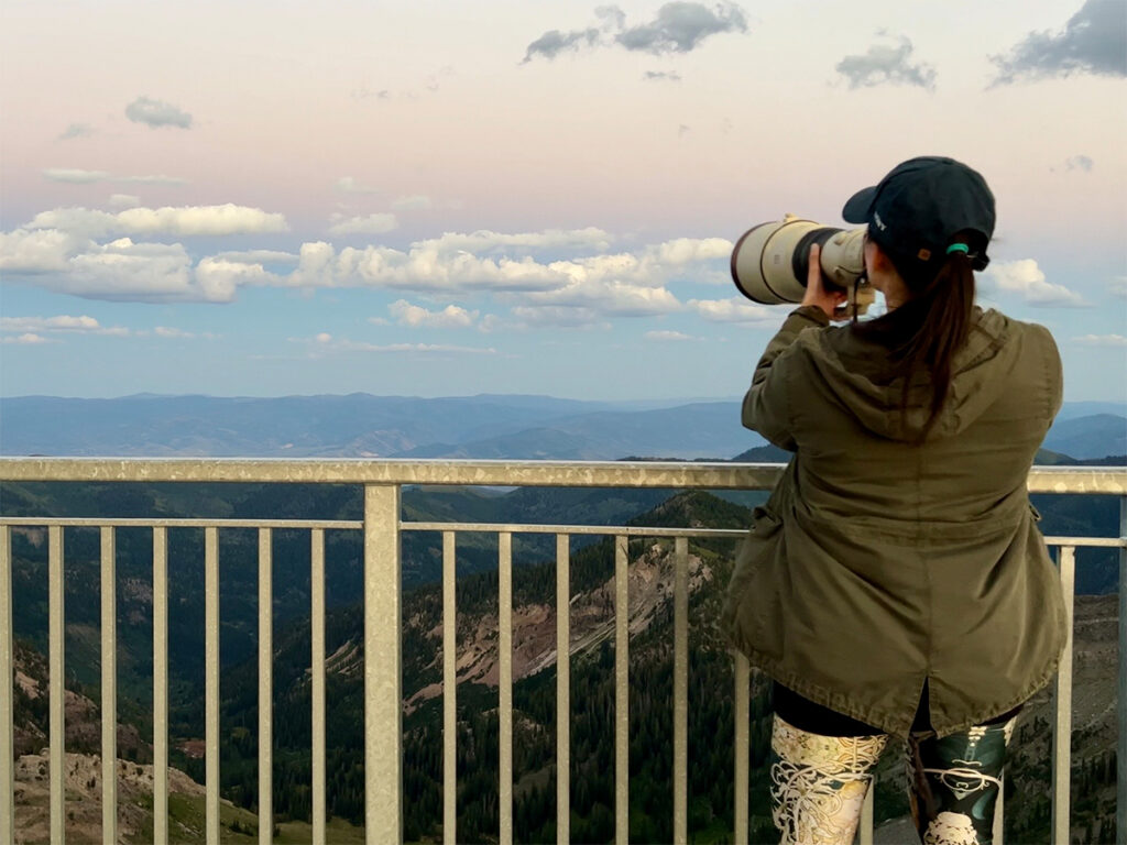 Using a telephoto lens at Sony Kando Trip on Snowbird's summit.
