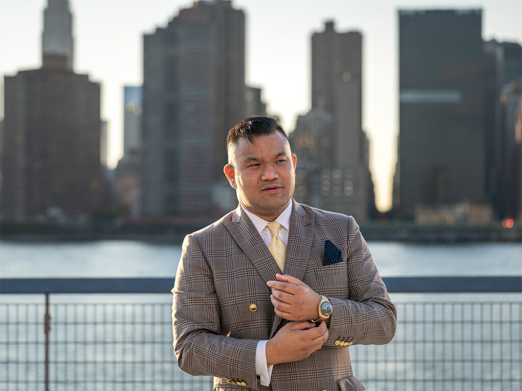 Posed professional natural light headshots during golden hour at Gantry Plaza State Park in Long Island City, Queens.