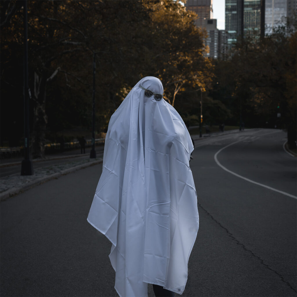 Ghost photoshoot in the middle of Central Park to match with Halloween decorations in NYC.