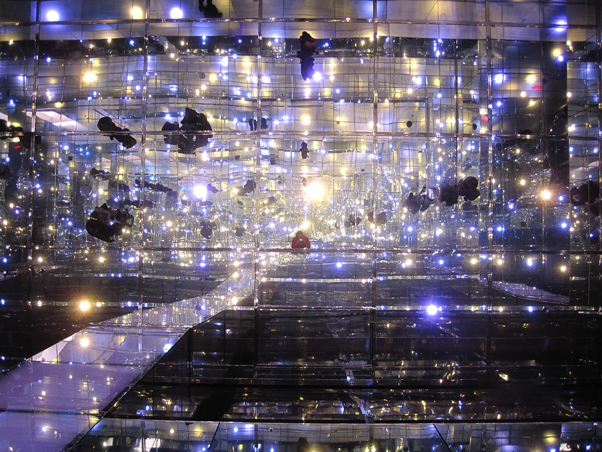 Reflection of the mirrored floor and walls of Summit One Vanderbilt observatory before sunrise.