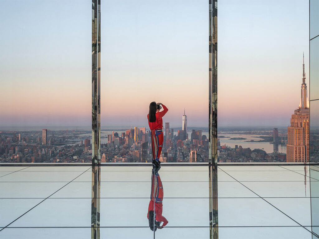 The empty mirrored floors of Transcendence I with the view of Lower Manhattan in the background.