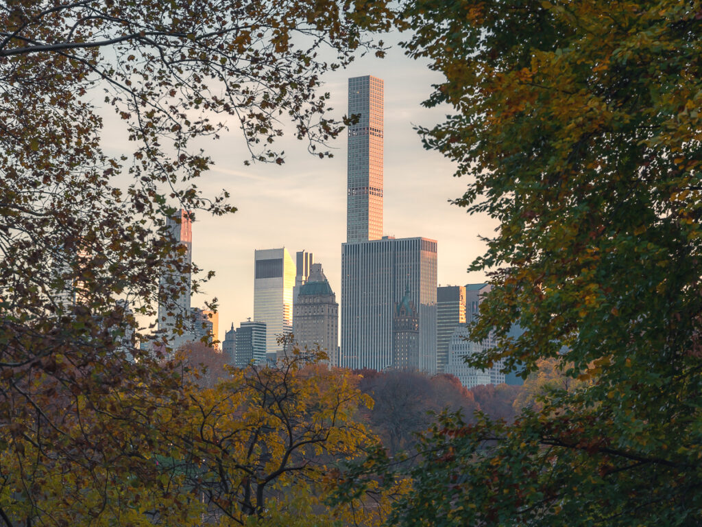 Colorful hues of leaves frame Billionaire's Row on Central Park South.