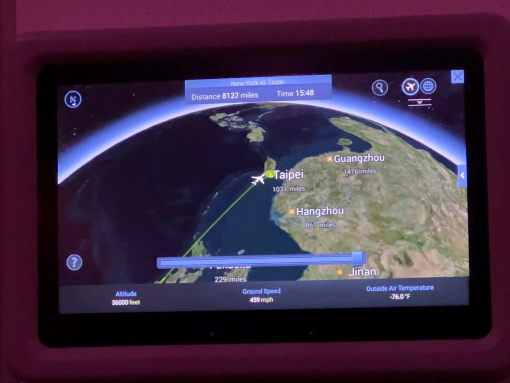 Map of the flight from JFK to TPE on EVA Air Premium Economy.