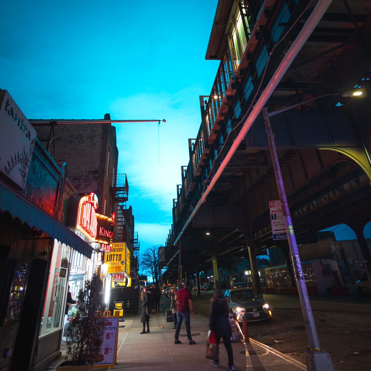 The sky turned aqua blue outside of the 36th Ave. subway station in Astoria.