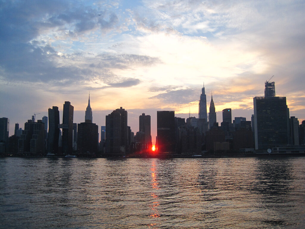 The Manhattan skyline at sunset photographed with a Canon vintage camera.