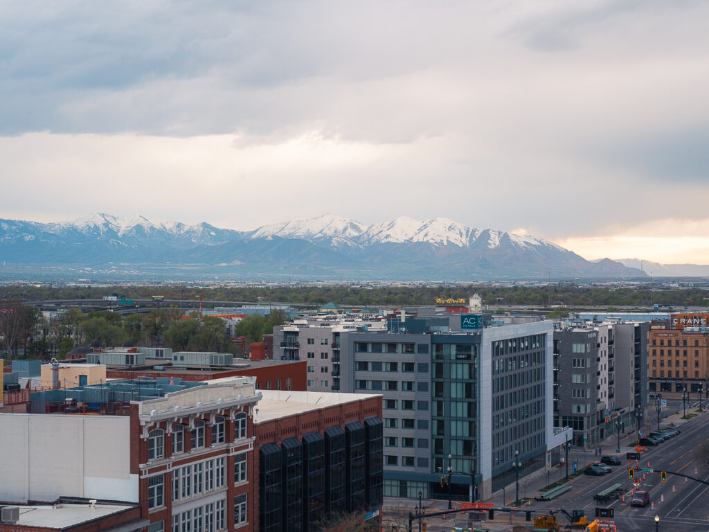 Views of Downtown Salt Lake City with mountains in the background as seen from the Hyatt Regency SLC.