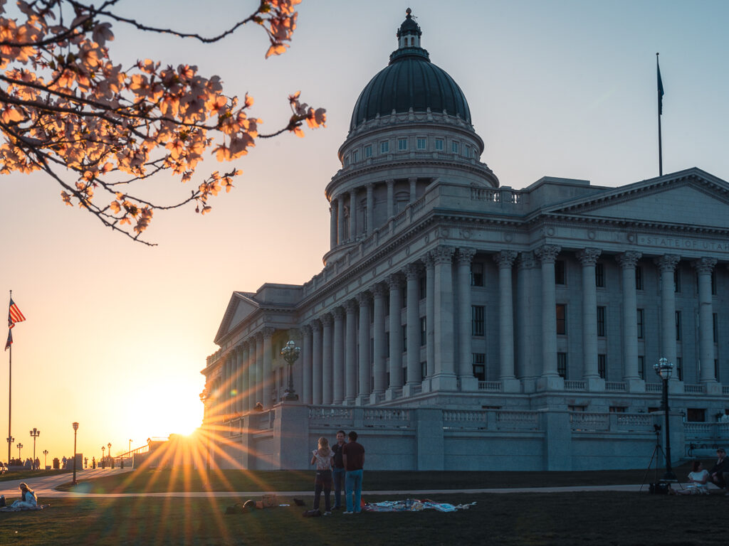 The Utah State Capitol Building is a beautiful spot to visit during the spring when the cherry blossoms are blooming.