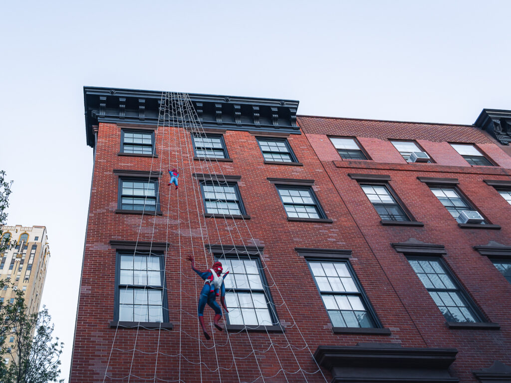 Spiderman Halloween decorations in Brooklyn Heights.