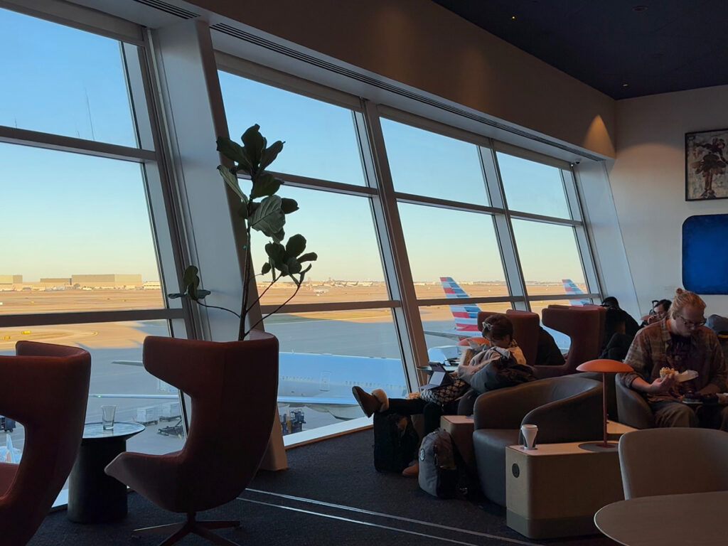 Sunrise view of the Capital One Lounge DFW.