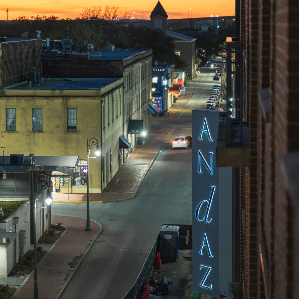 Exterior of Andaz Savannah during sunset.
