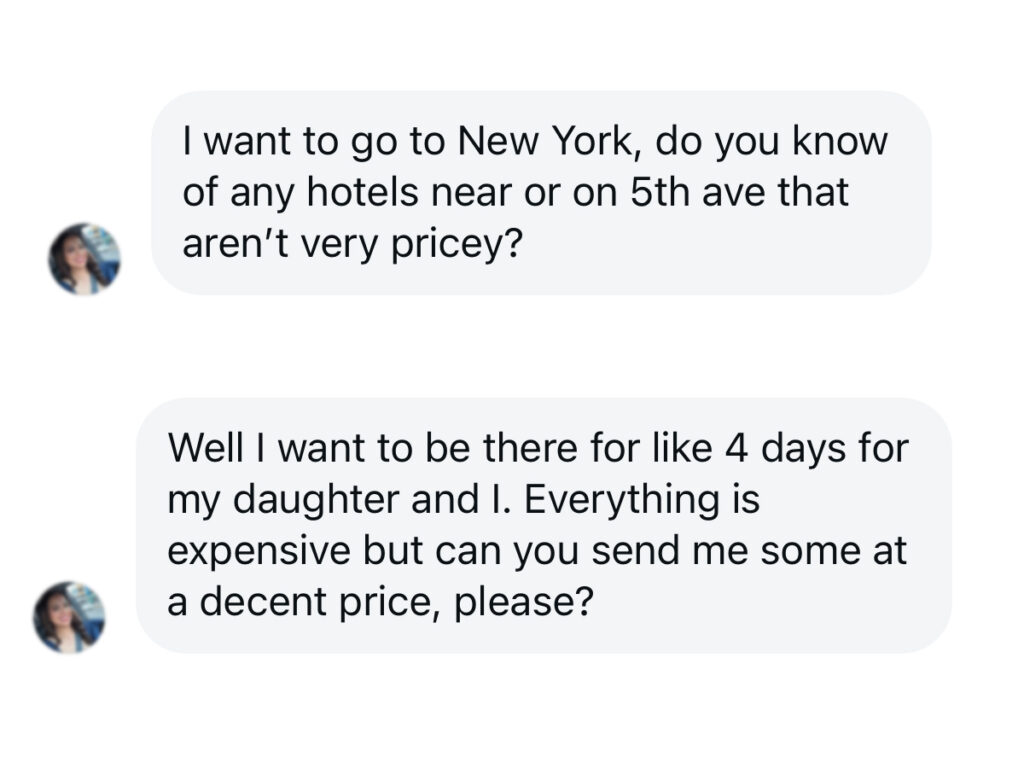 DM asking for budget hotels near 5th Avenue.