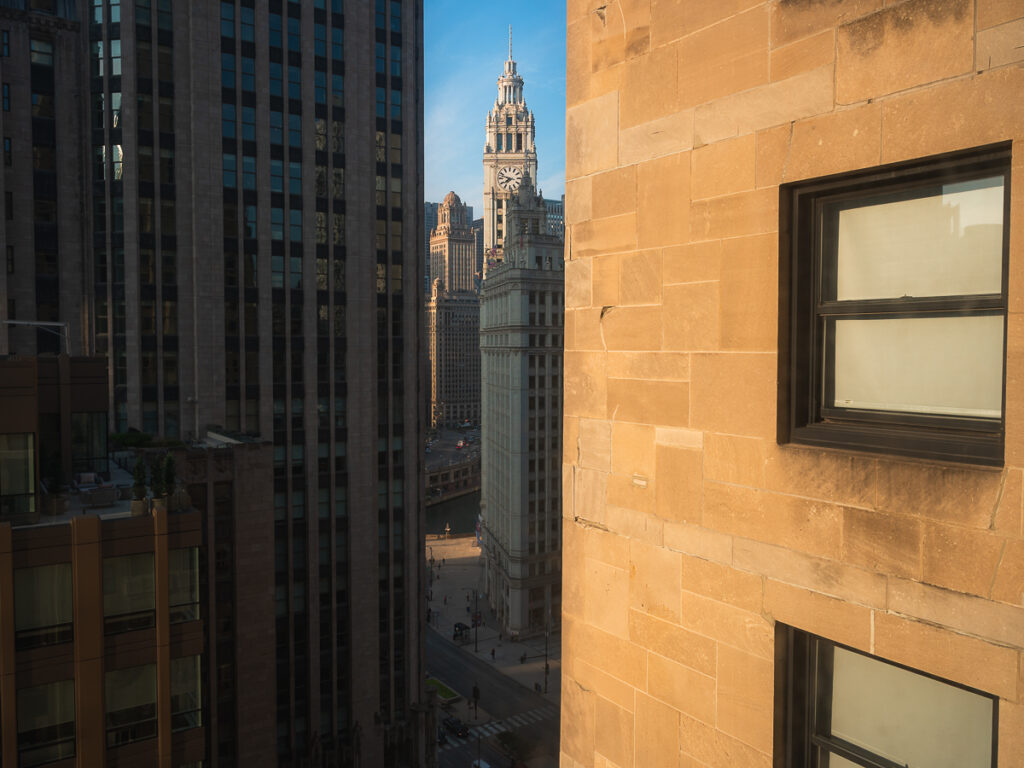 View of Chicago from the window of the InterContinental Chicago Magnificent Mile Hotel.