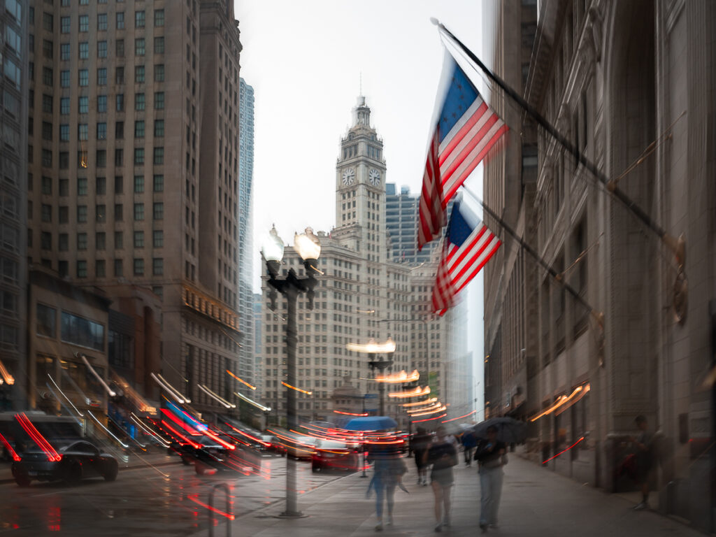 Slow shutter drag shot of downtown Chicago.