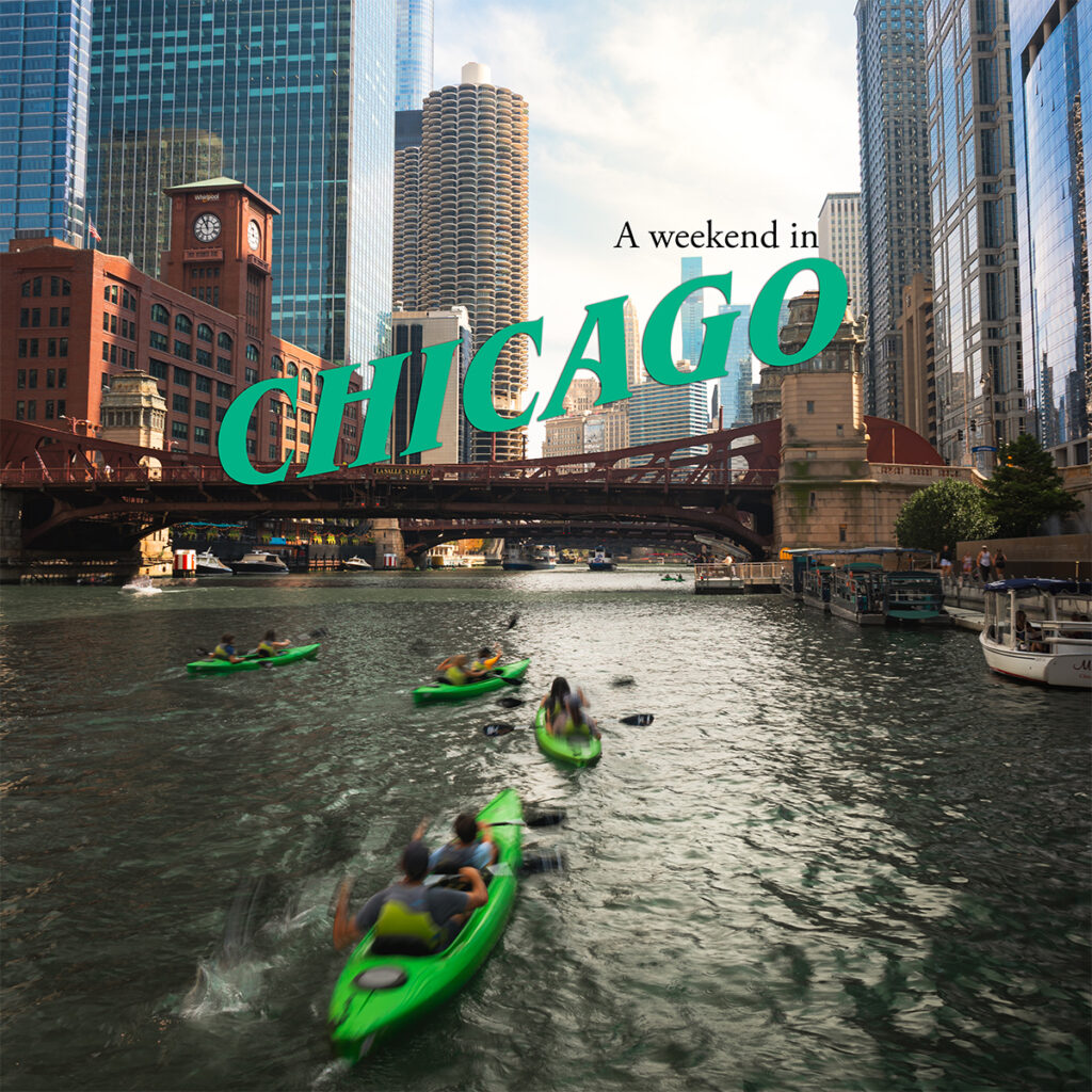 Kayaking in the Chicago River during a nice weekend in Chicago. 