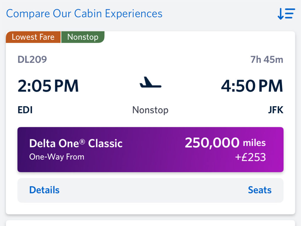 Screenshot of Delta Miles reward redemption for business class.