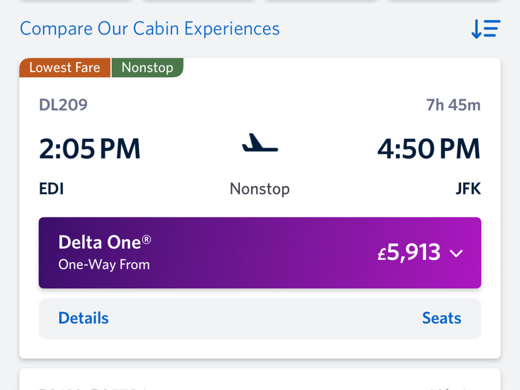 Screenshot of the cash price for Delta One business class seat.