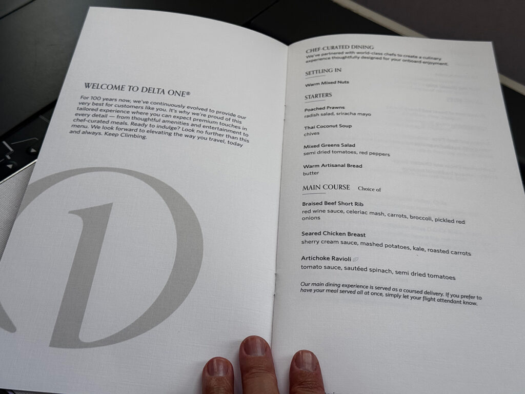 Food menu of Delta One business class.