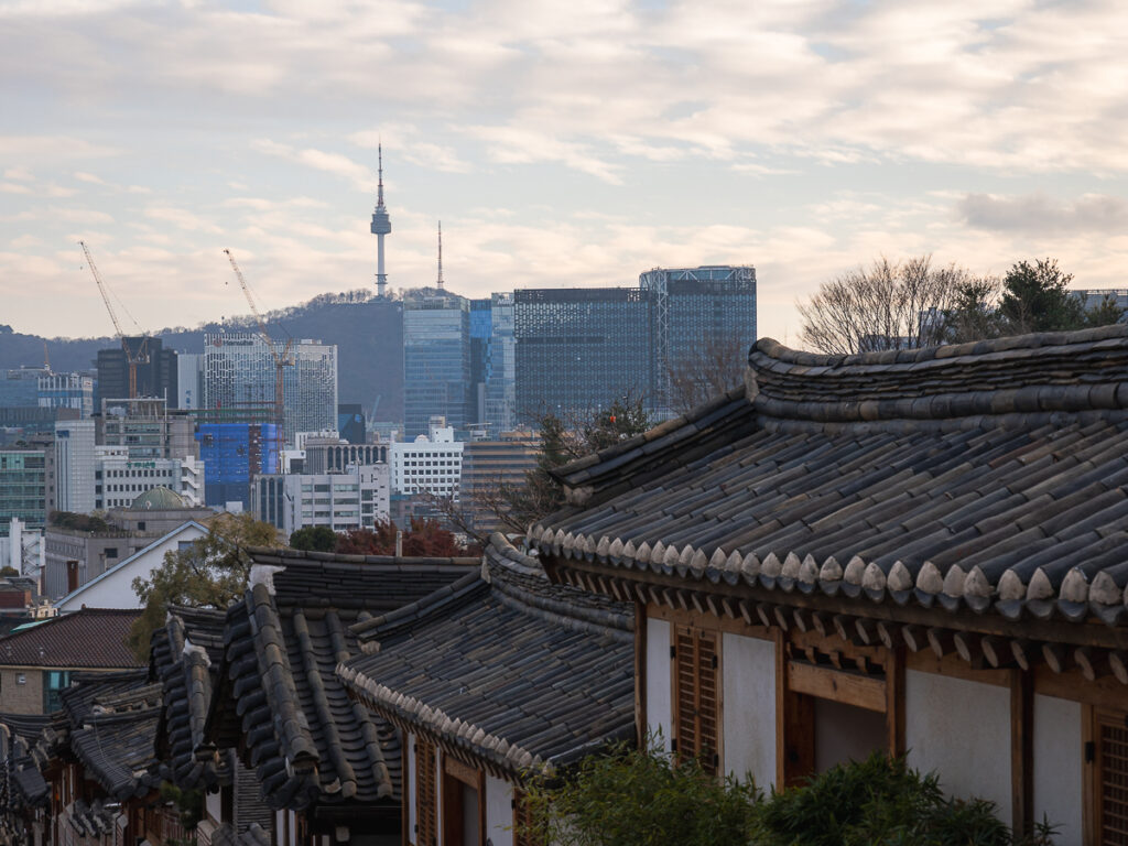 The view of Seoul from Bukchon Hanok Village, a popular place to visit for first-time travelers.