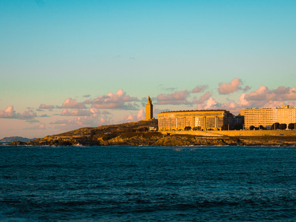 Sunset view of Torre de Hercules in A Coruna.