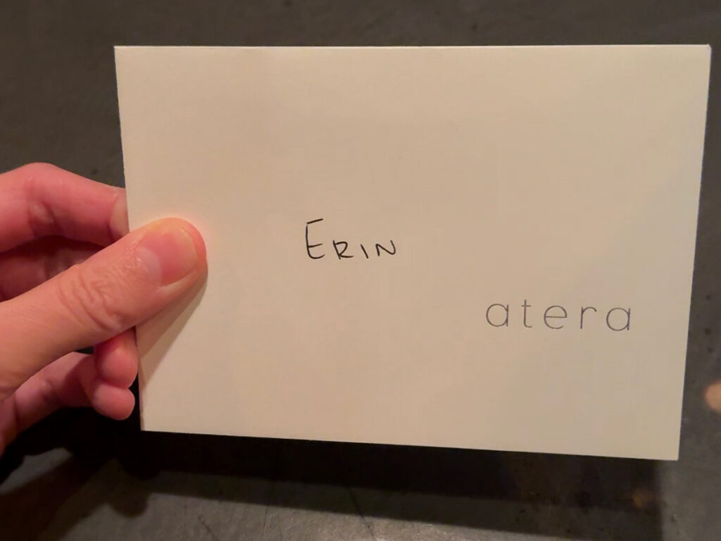 Handwritten personalized place card at Atera NYC, a detail that sets the tone for the tasting menu experience