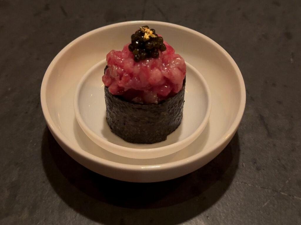 Beef tartare with caviar and gold leaf bite-sized course at Atera NYC, Tribec