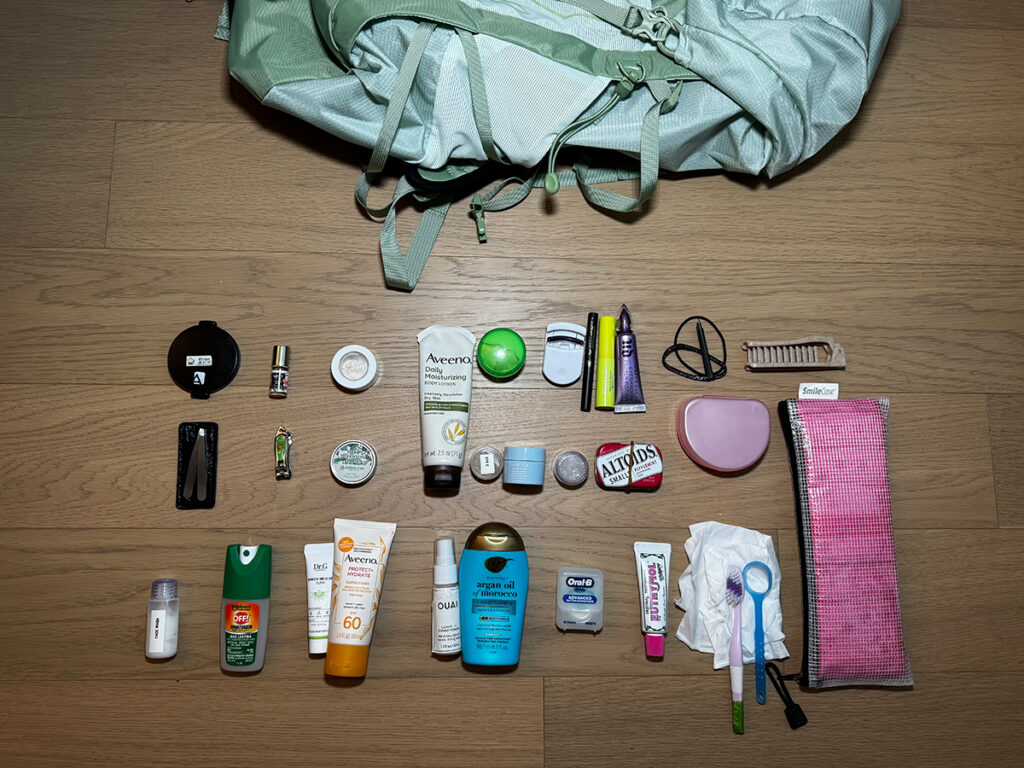 Women's Camino Ingles packing list of toiletries.