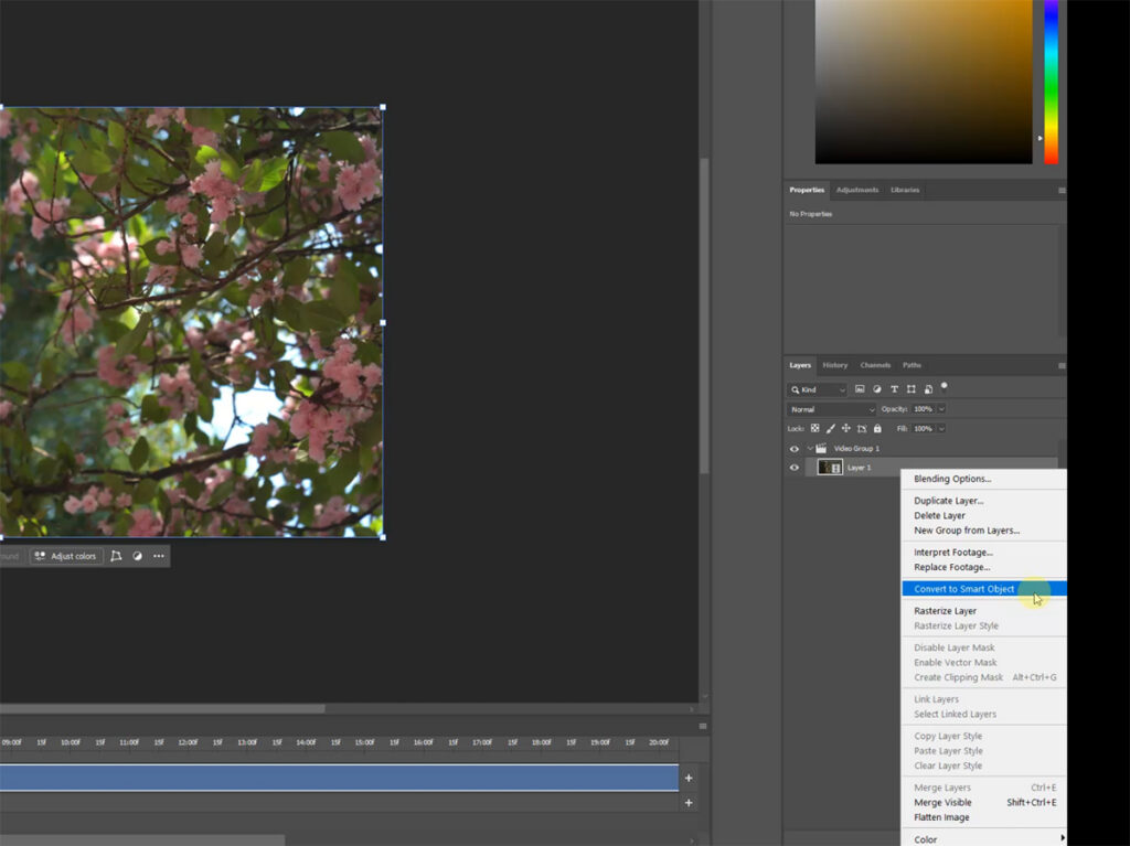 How to make a cinemagraph in Photoshop — right-clicking a video layer to select Convert to Smart Object in the Layers panel