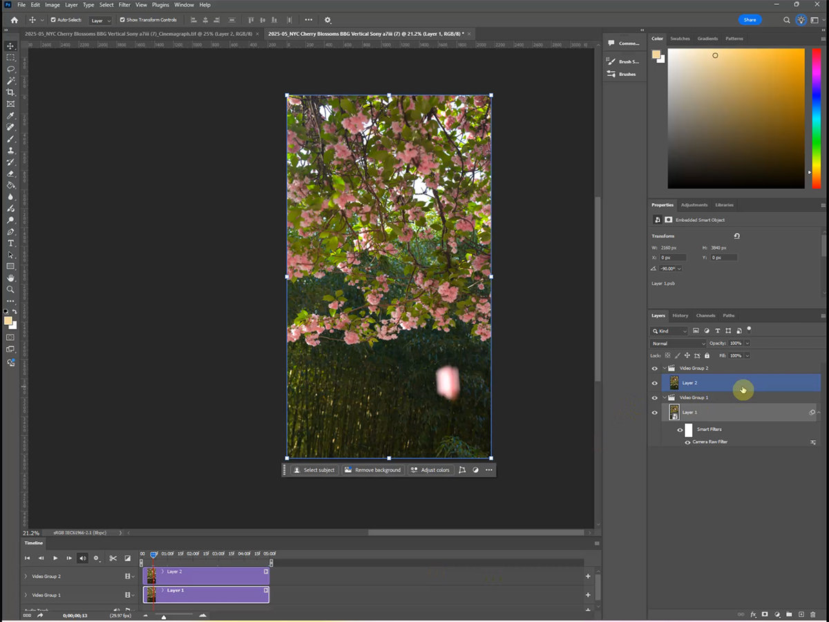How to make a cinemagraph in Photoshop — stamped still frame layer stacked above the video layer in the Timeline panel