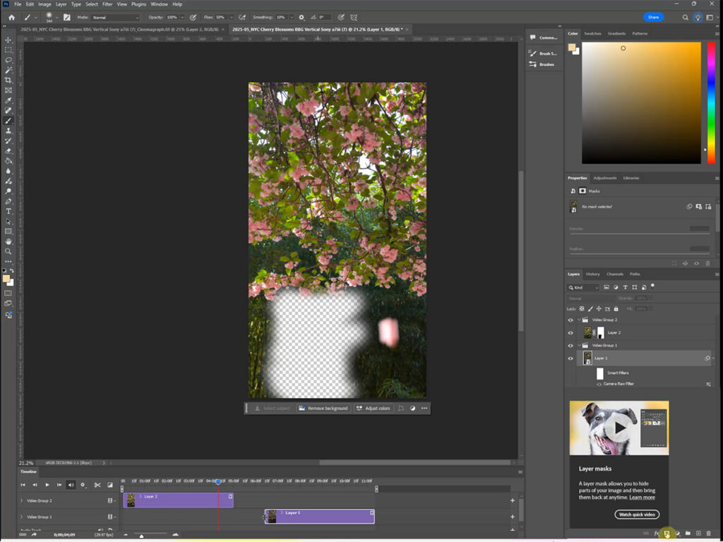 How to make a cinemagraph in Photoshop — painting a layer mask with a black brush to reveal motion from the video layer beneath.