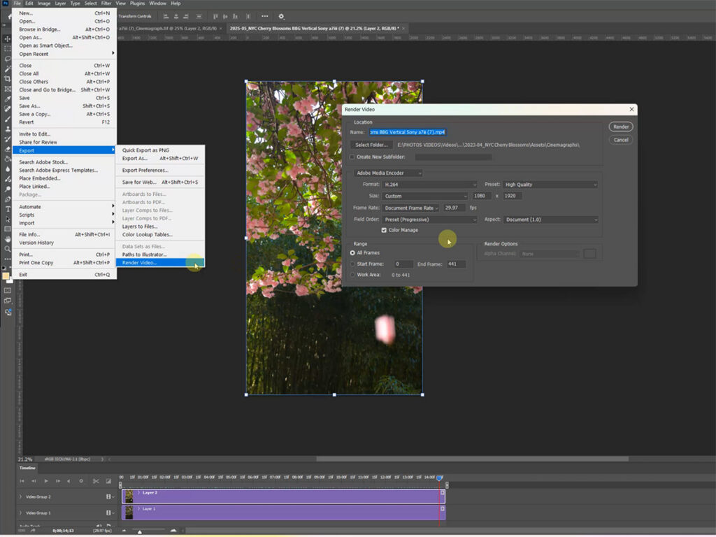 How to make a cinemagraph in Photoshop — exporting the finished cinemagraph using File > Export > Render Video as an MP4.