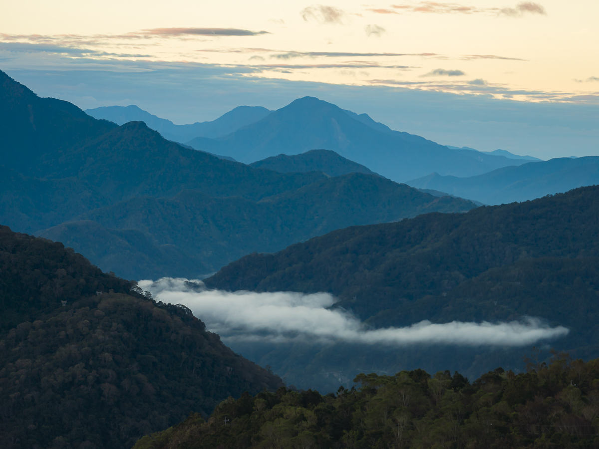 Clouds settled low in a mountain valley at dusk, seen from Hehuanshan in Taiwan's Central Mountain Range.