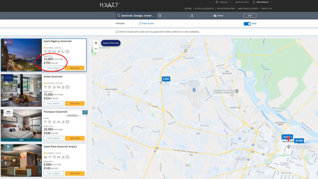 Screenshot of the World of Hyatt website as a direct Chase transfer partner.