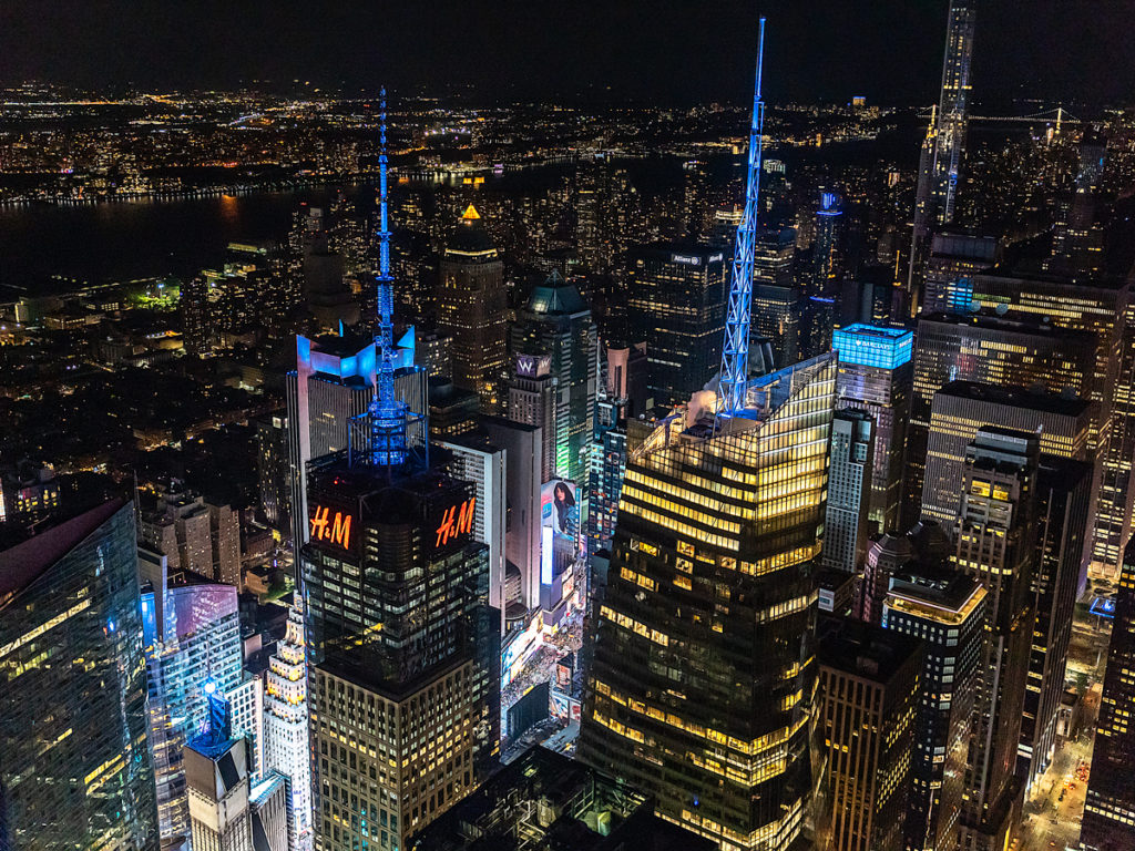 Photography New York City at night and flying over midtown Manhattan's iconic skyline.