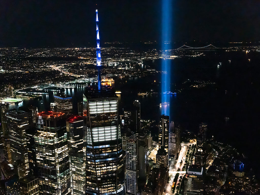 Photographing New York City 9/11 tribute lights from a helicopter on the 20th anniversary. 