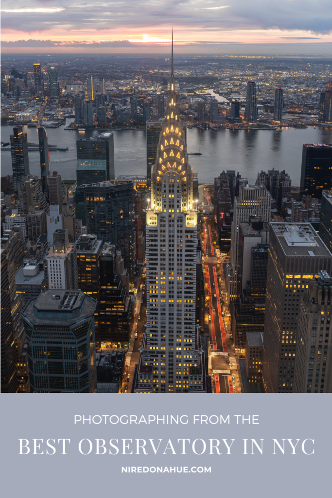 Pinterest pin photographing from the best observatory in NYC showing a close view of the Chrysler Building during sunrise.