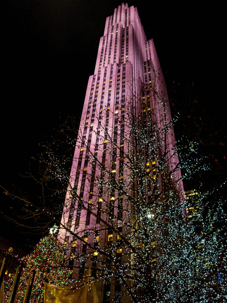 Upward view of 30 Rockefeller during Christmas time. The Top of the Rock is one of the best observatories in NYC.