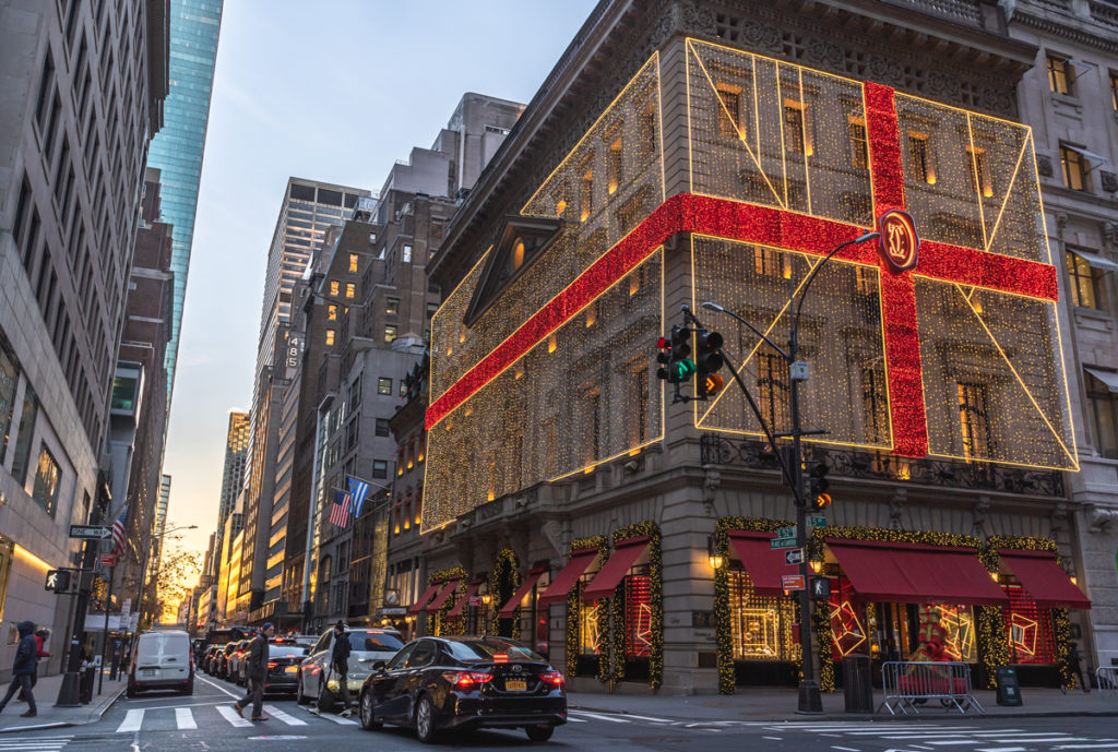 2021 Cartier Christmas Lights in NYC at sunrise.