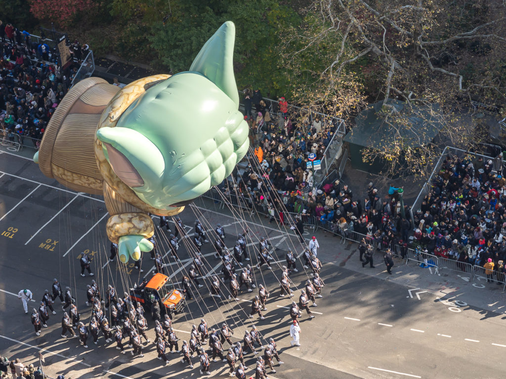 Close up float of baby Yoda as seen from the Mandarin Oriental New York, the best hotel to watch the Thanksgiving Day Parade.