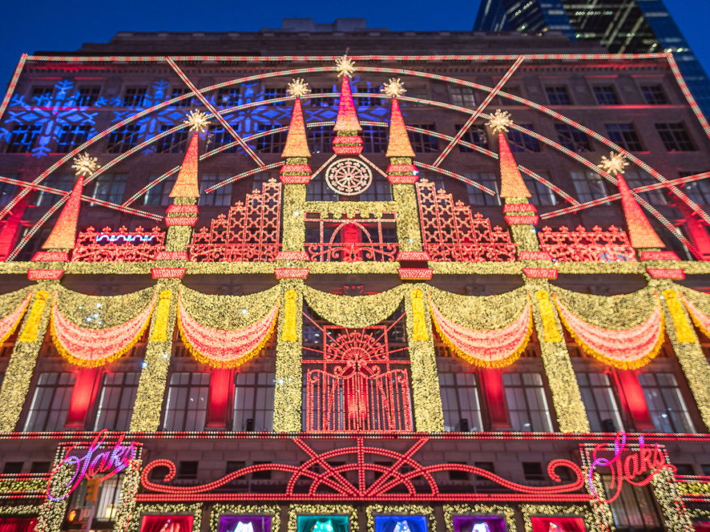 Saks Fifth Ave is an iconic location to watch Christmas lights in NYC.