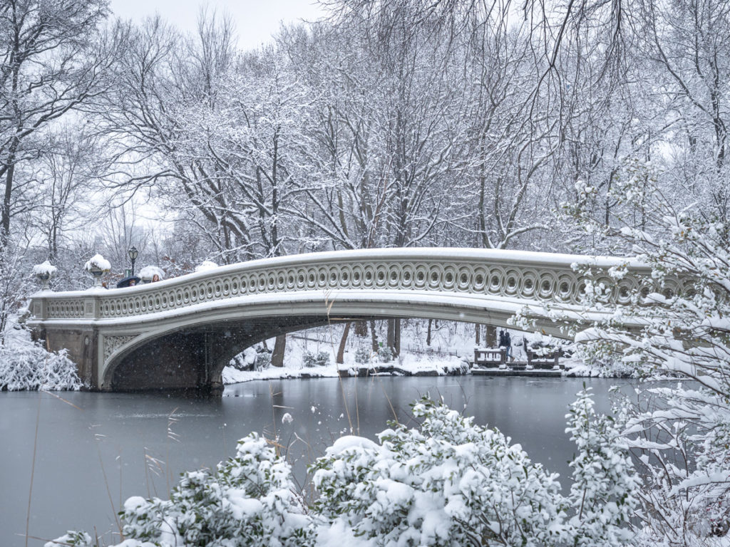 The Bow Bridge is one of the best Central Park photo spots for wedding photography, even in the snow.
