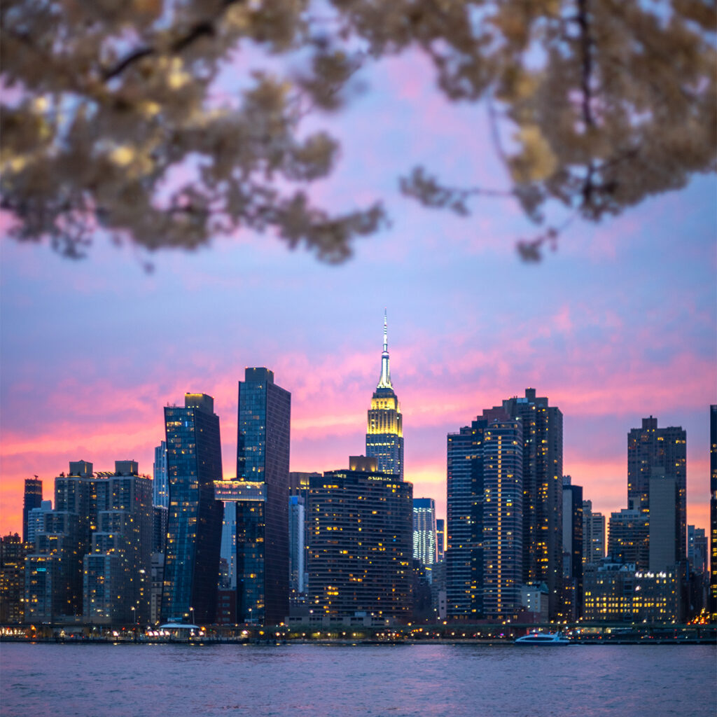 Hunters Point South in Gantry Plaza State Park of Long Island City is the ultimate spot to see Yoshino cherry blossoms with the NYC skyline.